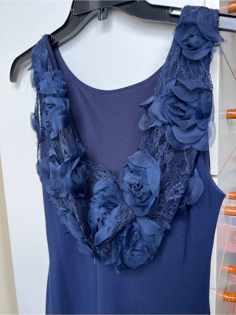 Karl Lagerfeld Paris Navy Blue Sleeveless Formal Evening Gown with Back Ruffles